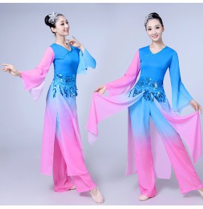 Blue pink gradient traditional Chinese dance costumes women long sleeve fan ancient yangko national folk dance costumes for woman