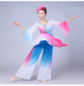 Blue pink gradient traditional Chinese folk dance fan dance costumes for women dance national yangko folk dance costumes 