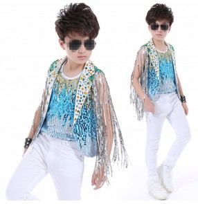 Blue turquoise sequined glitter competition stage performance model rehearsal party cosplay hip hop singers host dance costumes outfits set
