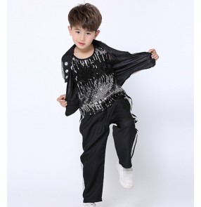 Boys black Sequin Modern Jazz Hip Hop Dance Competition Costumes Set Tops Shorts Pants Dancing Clothing Clothes Rehearsal Outfits