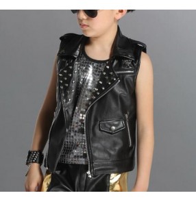  Boys performance competition ds Black rivet Motorcycle jazz dance singers dancers Waistcoat Black Leather Sleeveless Biker Jacket vest