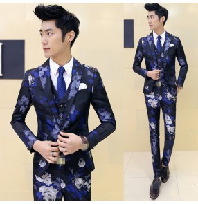 casual jacket blazer Blue gold red flowers singer dancer show male DS dance costumes outerwear coat DJ jazz nightclub performance stage prom