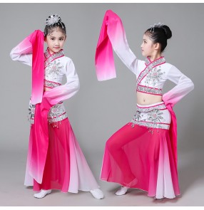 Child Classical Chinese Dance Costume kids fuchsia gradient Yangko Dance Costume Girls Umbrella Dance Clothing Chinese Folk Dance Clothes