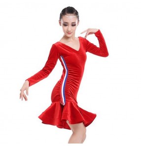 child dance girls velvet striped long sleeves latino dancing dresses kids costume ballroom latin salsa dress for children costumes