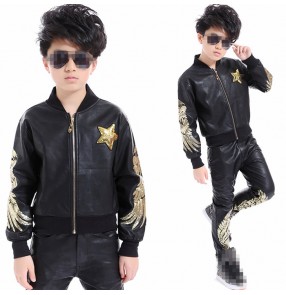 children boy leather long sleeve Black with gold sequins Hip Hop hiphop performance competition DS Jazz Dance Costumes pants jacket set