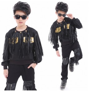 children boy long sleeve drummer school performance black fringes Hip Hop hiphop DS Jazz Dance Costumes pants sweatshirt set