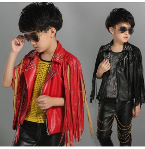 Children PU leather fringes performance clothing rivet vest performance children's hiphop drummer show  jazz dance waistcoats tops