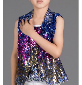 Children's rainbow colored sequined clothing Boys students performing Kids hip-hop jazz dance sequined waistcoat vest Dance wear costumes