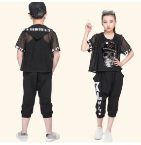 Children Sets Girl Boy Black Jazz Hip Hop Modern Dance wear Set Kid Dance Costume Short Sleeve Top & Pants Fit 