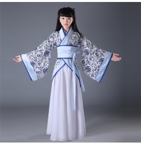 Chinese blue and white porcelain pattern ancient traditional performance costumes girls hanfu child clothing drama cosplay party dresses dance Tang Dynasty costumes