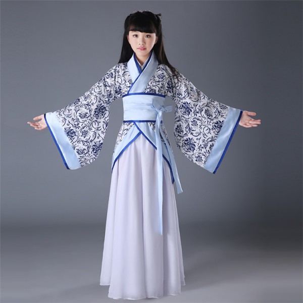 Traditional Ancient Chinese Female Costume Woolen Blue and White