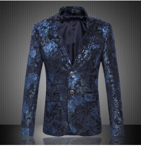 CostumeFlower singers dancers jazz Print Blazer Jacket Blue Groomsmen Wedding Blazers Slim Fit Evening Party Dress Suit Blazer Masculino