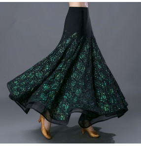 Dark green flowers paillette and black women's female lady competition practice long length ballroom waltz tango dancing skirts