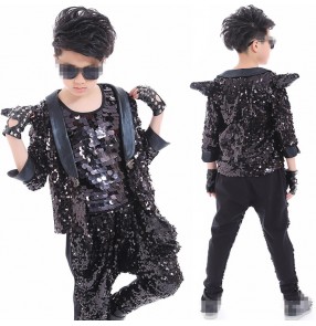 Fashion Children black sequined Jazz Dance Clothing Boys Street Dance Hip Hop Dance Costumes Kids Performance Clothes Sets