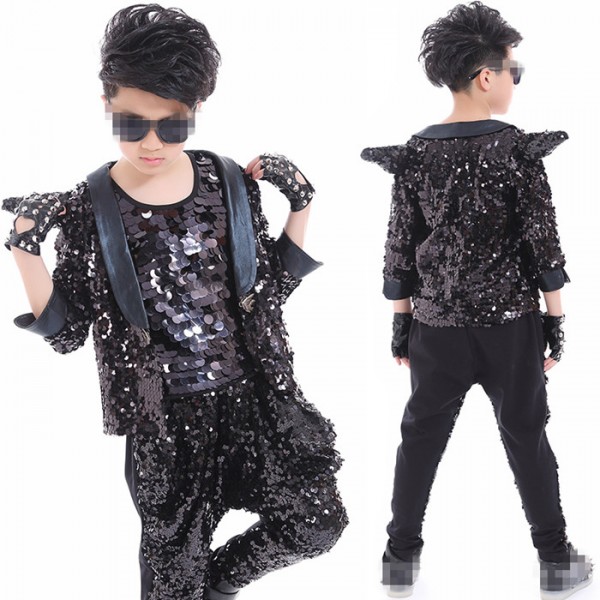 Fashion Children Black Sequined Jazz Dance Clothing Boys Street