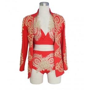 Fashion red gold Embroidery Women Princess Sexy 3 Piece Dress Jazz dance ds costume DJ Female Singer Performance wear