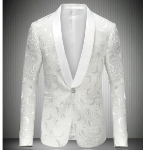  fashion white male singer DJ slim gentleman wedding party groomsmen party dj ds costume jacquard blazer dancing jazz jacket men's coat