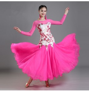 Floral black fuchsia violet white Lace  long Sleeve Flamenco Dancing Skirt Women Cheap Stage Waltz Ballroom Dress vestido de baile flamenco