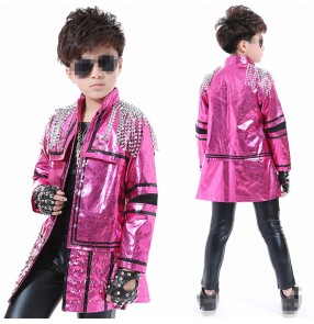 Fuchsia hot pink glitter leather rivet boys kids children competition fringes performance host jazz hip hop drummer cosplay singers dance costumes 