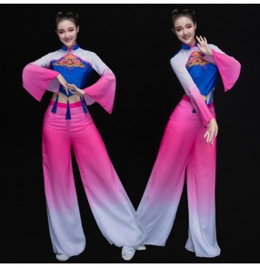 Fuchsia royal blue traditional women Chinese folk dance costumes national costume for woman fan clothing performance