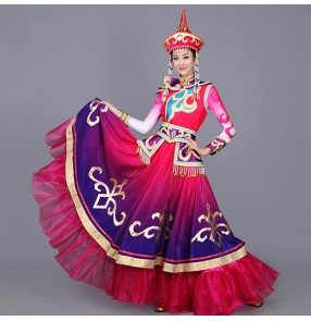 Fuchsia violet gradient colored stage performance party cosplay singers dancers national photos Mongolian folk dance costumes dresses