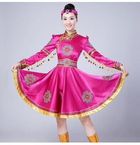 Fuchsia Women Tibetan Dance Dress National Mongolian Dance dresses Female Chinese Folk Dance Costume Stage Costumes for Singers 