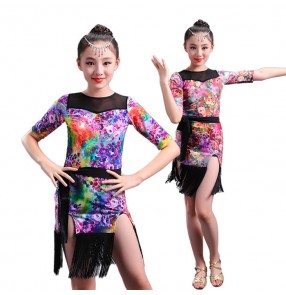 Girl floral short Sleeves Latin Dance Dress Children Ballroom Dance Dresses Kids Salsa Rumba Cha Cha Samba Tango Dress