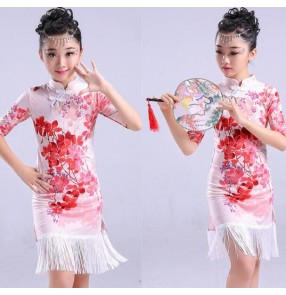 Girl Printed fringes Latin Dance Dress Children Ballroom Dance Dresses Kids Salsa Rumba Cha Cha Samba Tango cheongsam Dress