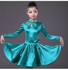 Girl Red turquoise blue satin Long Sleeves Latin Dance Dress Children  Dance Dresses Kids Salsa Rumba Cha Cha Samba Dress