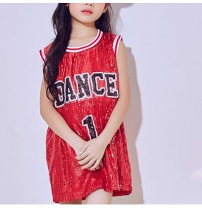 Girl's silver red sequined glitter girl's kids children fashion hip hop street cheer leading model show competition jazz dance tops vests