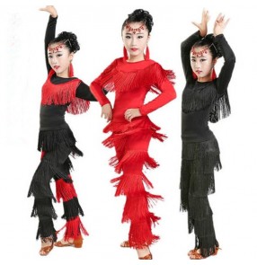 Girls long sleeves tops Rumba Fringe Pants Child Tassel Latin Dance Clothing Junior Salsa Ballroom Tango Cha Cha Dancing Clothes