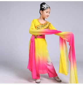 Girls rainbow Chinese Dance Costume Child water fall sleeves classical Folk Cosplay Dance Clothing Kids Fan Dance Clothes Yangko Stage costumes