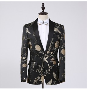 Gold floral black fashion men's male stage party show performance singers host groomsman dancers dance suit dresses blazers