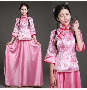 Gold fuchsia pink violet Traditional Chinese Costume Female Guzheng Costume Chinese Folk Dance Women's Performance Dancing Costumes