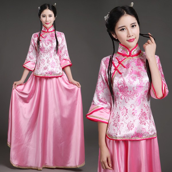 Gold fuchsia pink violet Traditional Chinese Costume Female Guzheng Costume Chinese Folk Women's Performance Dancing Costumes