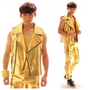 Gold glitter fashion men's male competition stage performance night club rivet pu leather singers dancers bar dancing waistcoats vests