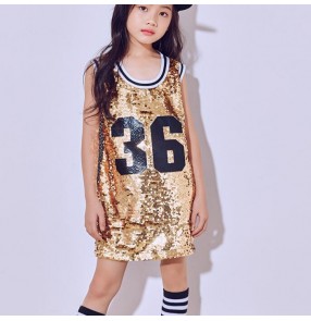 Gold hot pink sequined fashion girls kids children competition performance jazz hip hop street dance singers model show performance long vests tops