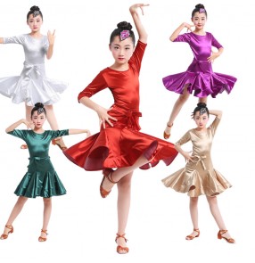 Gold red Child satin Latin Dance Dresses Kids Ballroom Dance Costume Girl Modern Dance Dress Vestido Waltz Stage Dance Clothing