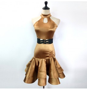 Gold shiny fashion sleeveless competition spandex women's female ladies salsa cha cha latin dance dresses outfits