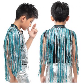 Gold silver blue Kids sequined fringes Performance Costume Vest for boy Kids Party performance cosplay hip hop jazz Dancing Waistcoat