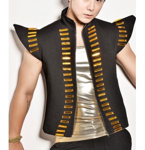 Gold stones fashion glitter men's male competition stage performance jazz singers dancers hip hop night club bar dancing vest waistcoats