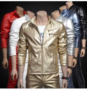 gold white silver red  fashion men's pu leather slim nightclub bar outerwear jacket costume male dj singer dance stage coat jazz blazer