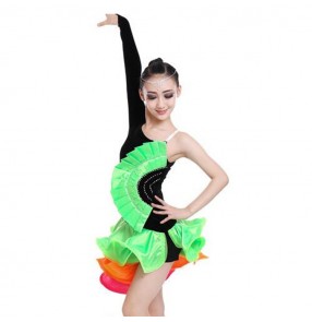 Green orange black rainbow colored long sleeves one shoulder velvet competition stage performance ballroom latin dance dresses