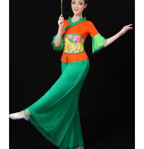 Green orange patchwork classical woman traditional Chinese yangko  fan folk dance dance  for women china national ancient dress costumes