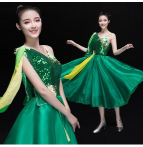 Green sequined vestido de baile moderno Folk Dancing Women's Opening Stage Costumes modern dance Chorus Dress