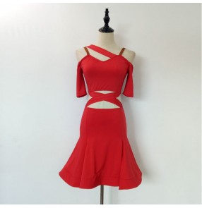Hollow crossed sexy shoulder red black fashion women's competition performance latin salsa rumba dance dresses outfits