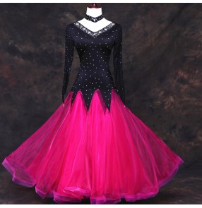 Hot pink black rhinestones competition standard ballroom dance wear ballroom dress woman waltz smooth ballroom dresses