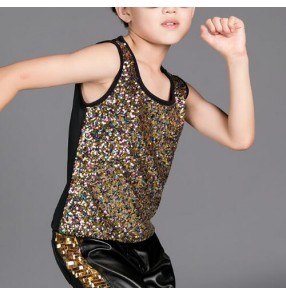 Kids Performance competition show cosplay jazz hip hop dance Sequins Top for Children Gold Colorful Boys Patchwork Shinny Vest