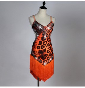 Latin Dance Dress Women stones fringes orange leopard printed Classic Tassel Cha Cha Samba Latin Dance Skirt Competition Dreess