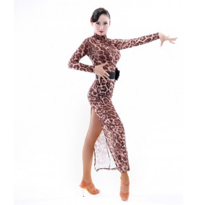 Leopard printed long sleeves backless sexy women's competition performance latin salsa cha cha dance dresses with sashes